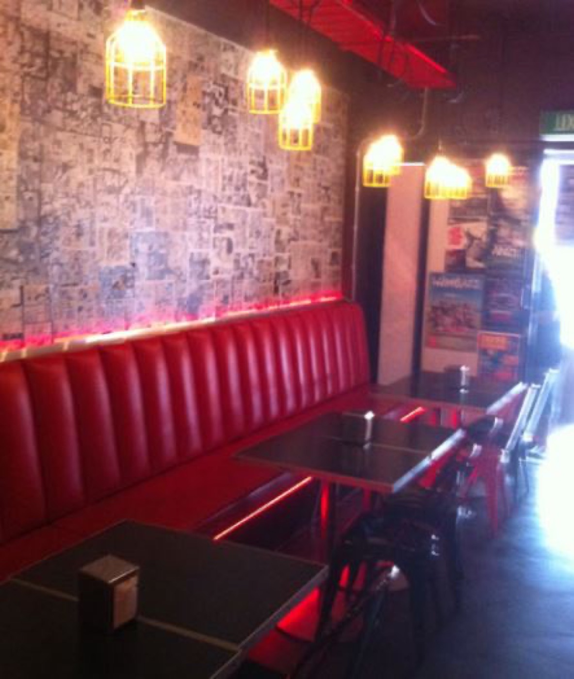 Red vinyl booth seating in a restaurant